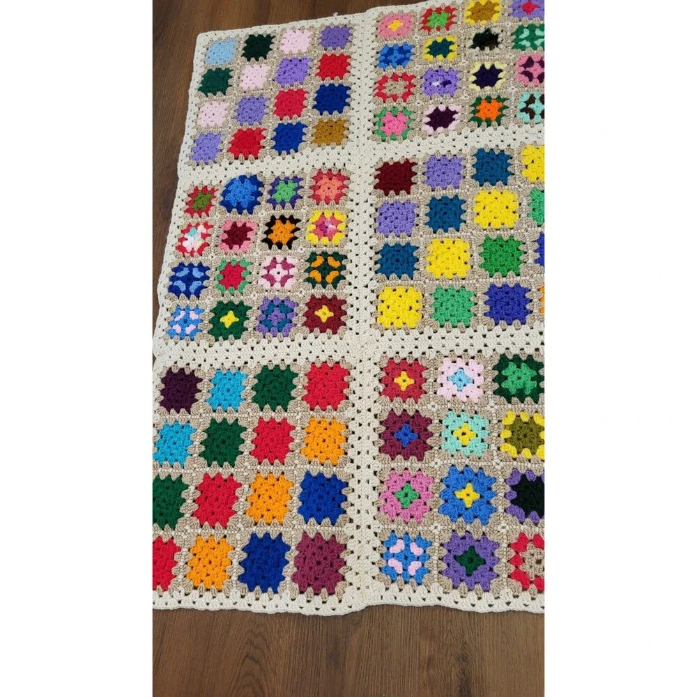 Handmade Crochet Granny Square Afghan Throw Blanket Multicolor 45x47 Cottage